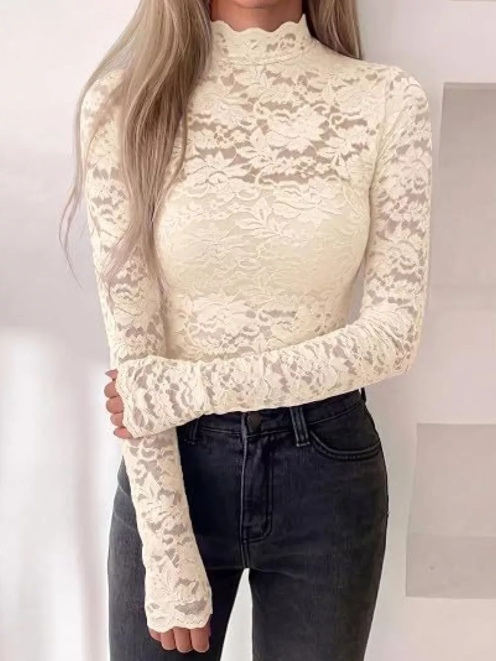 Lace Mock Neck Long Sleeve Top, image 8