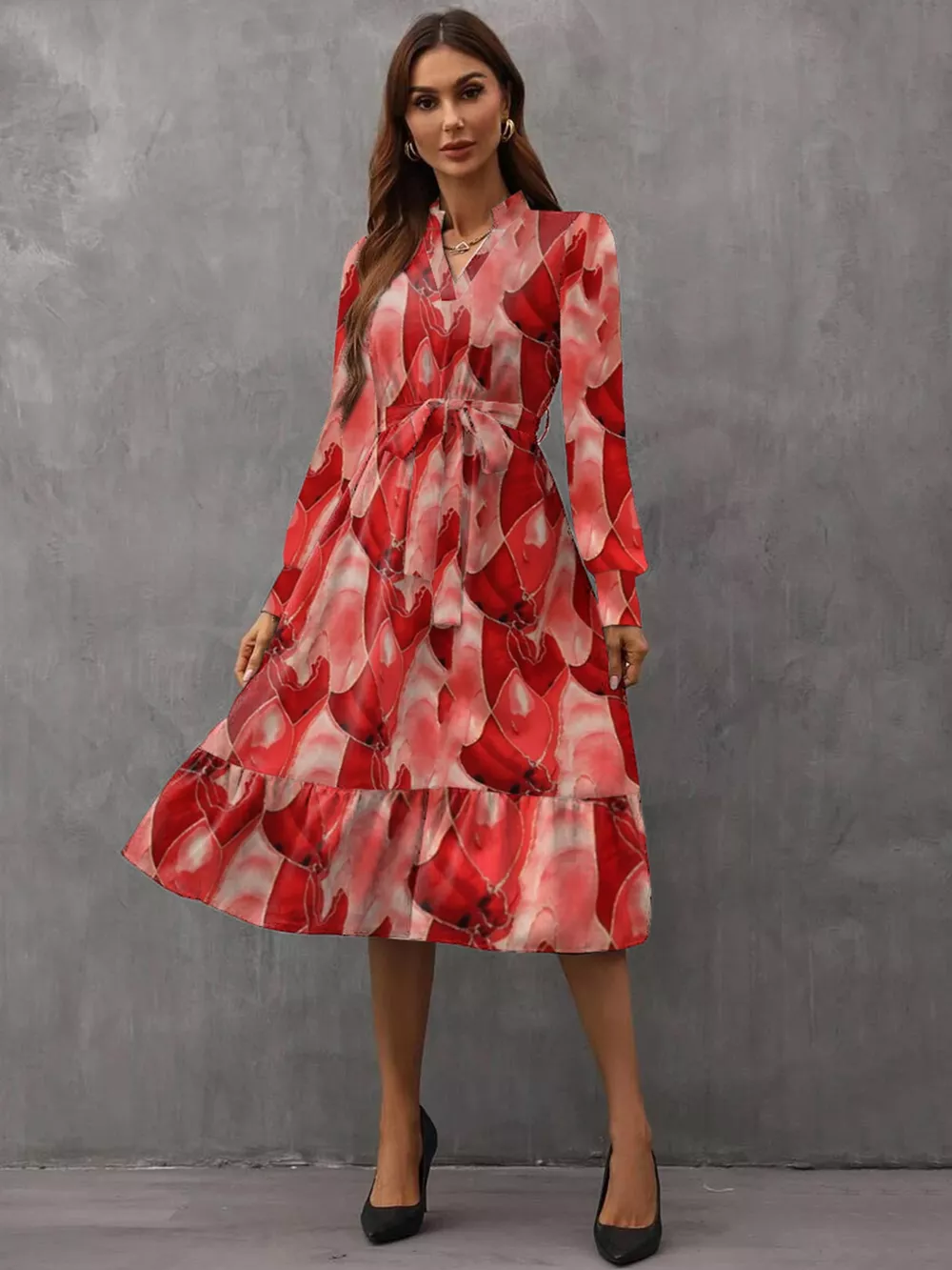Notched Tie Waist Long Sleeve Dress, image 2