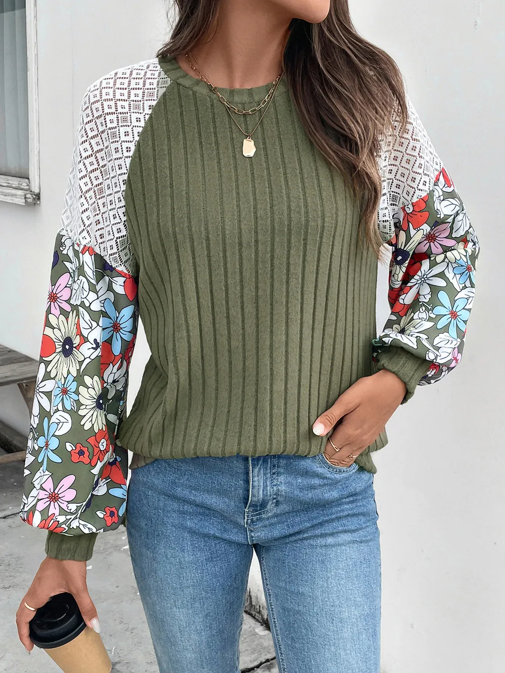 Printed Round Neck Long Sleeve Knit Top, image 6