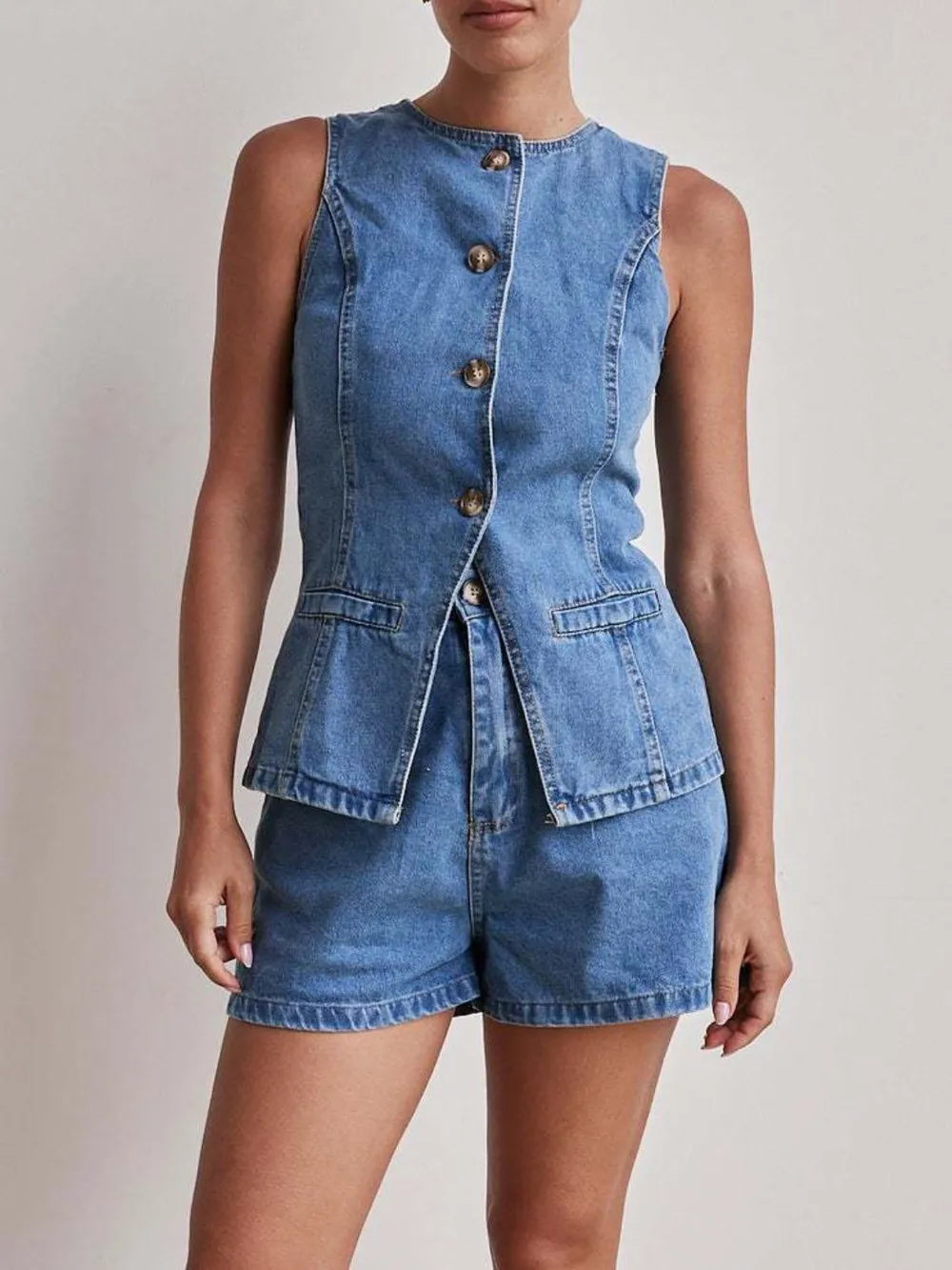 Button Down Vest and Shorts Denim Set, image 8