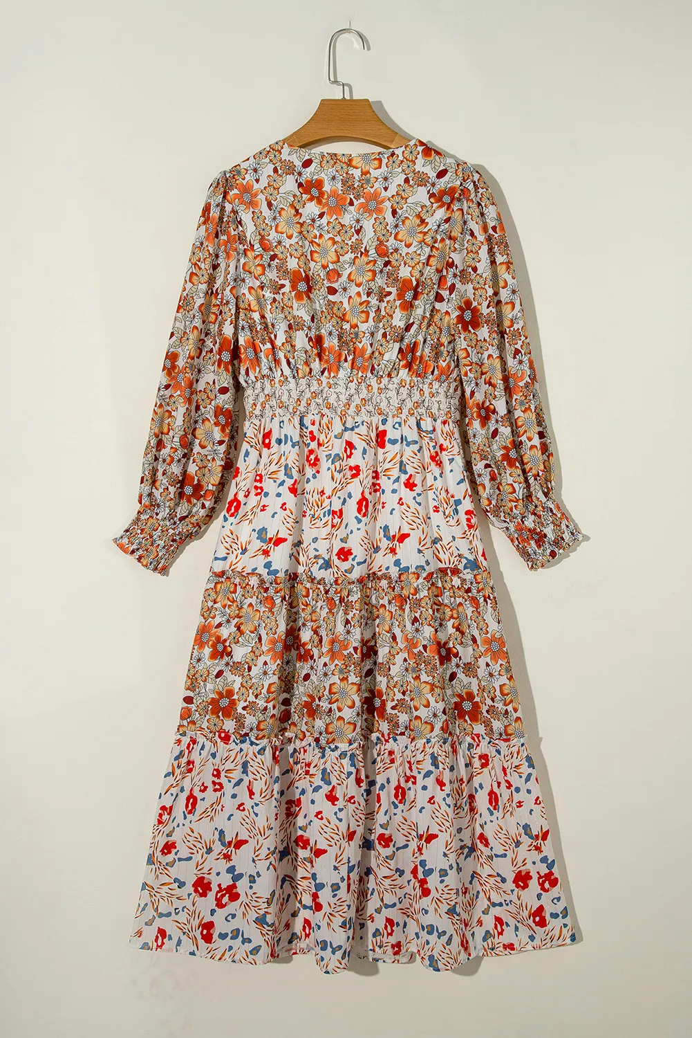 Full Size Printed V-Neck Lantern Sleeve Midi Dress, image 2