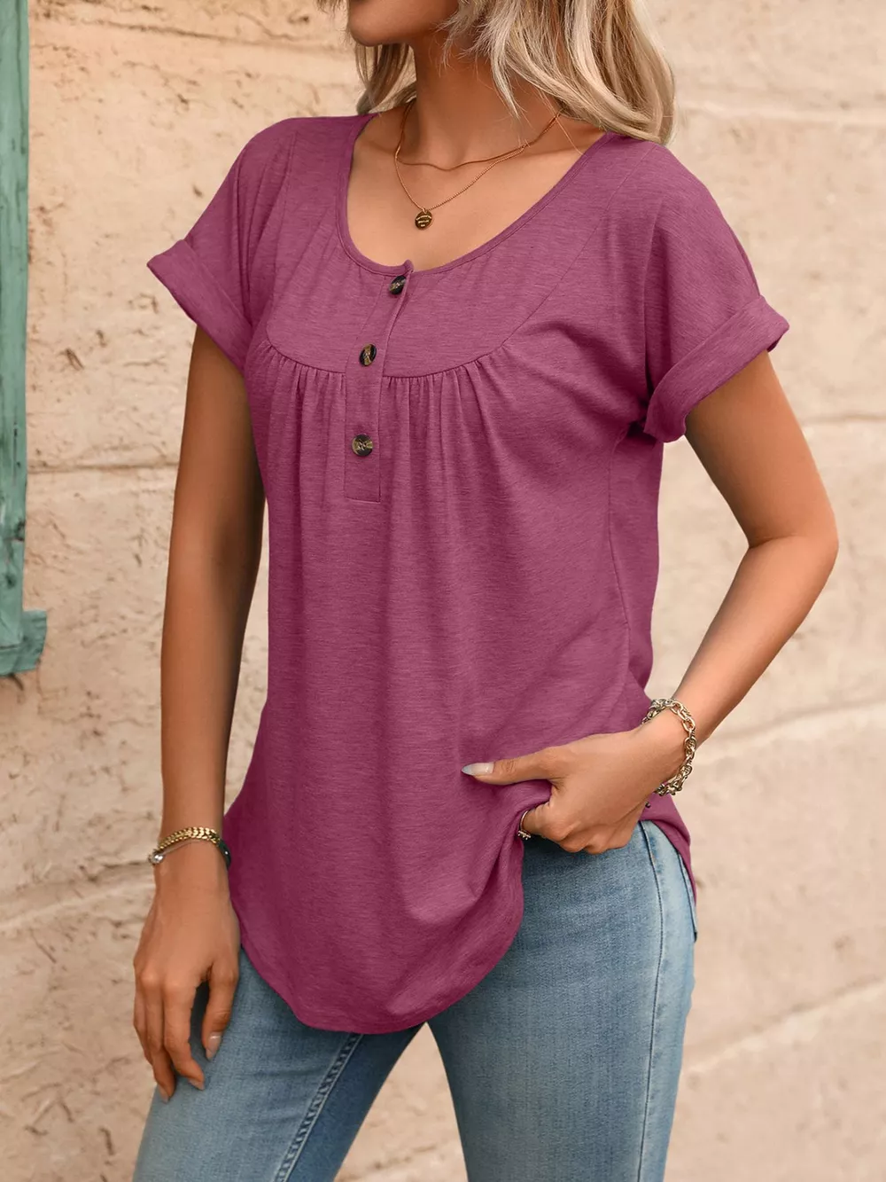 Casual Button Detail Henley T-Shirt, image 30