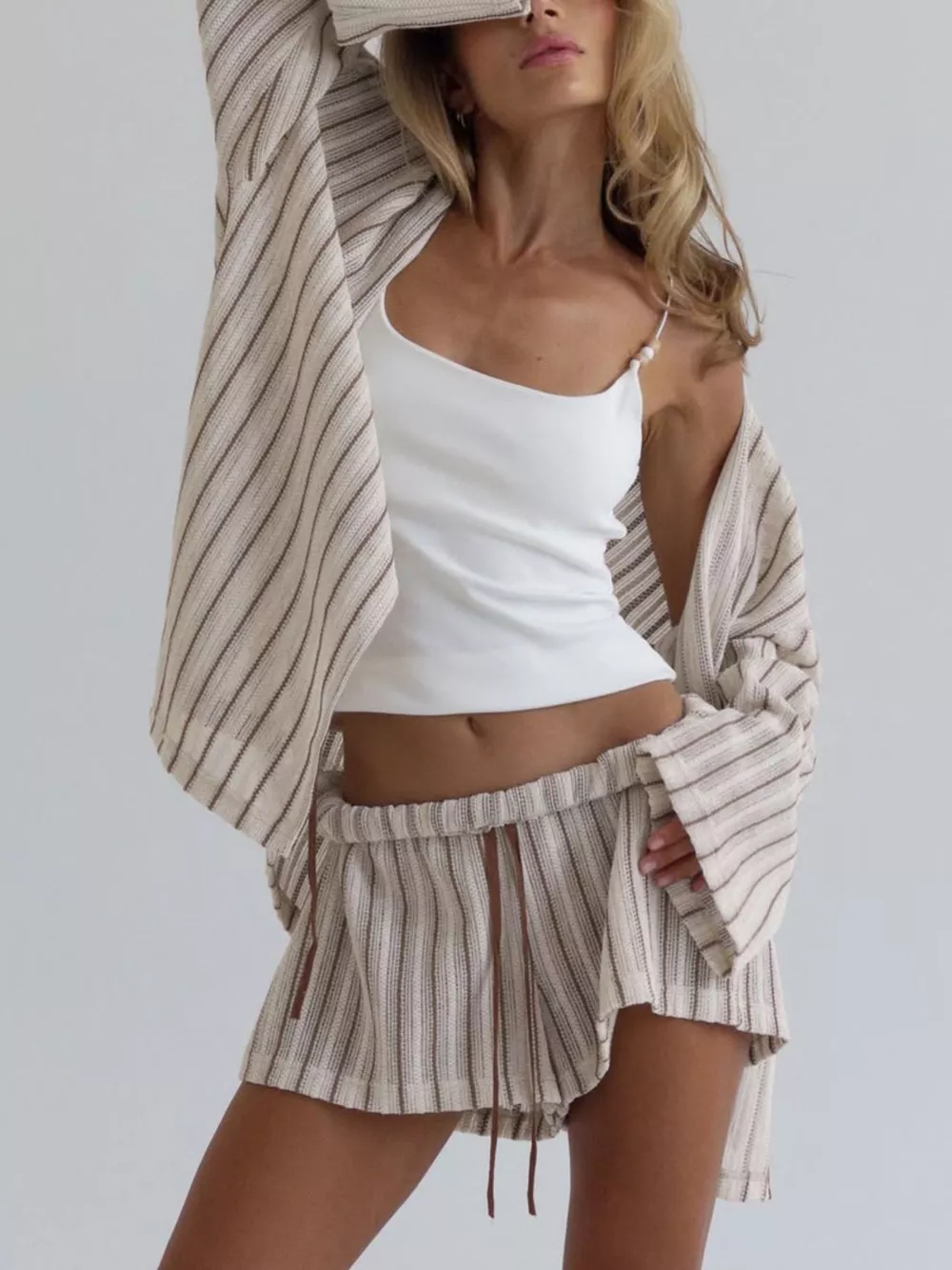 Striped Tie Front Top and Shorts Lounge Set, image 9