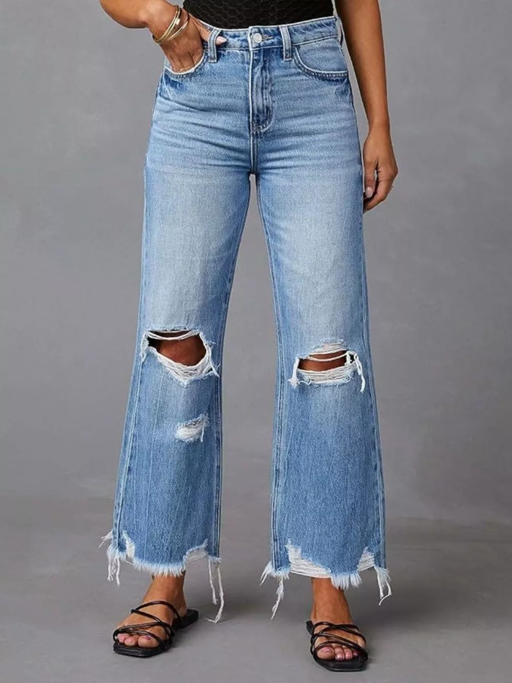 Distressed Raw Hem Flare Jeans, image 3