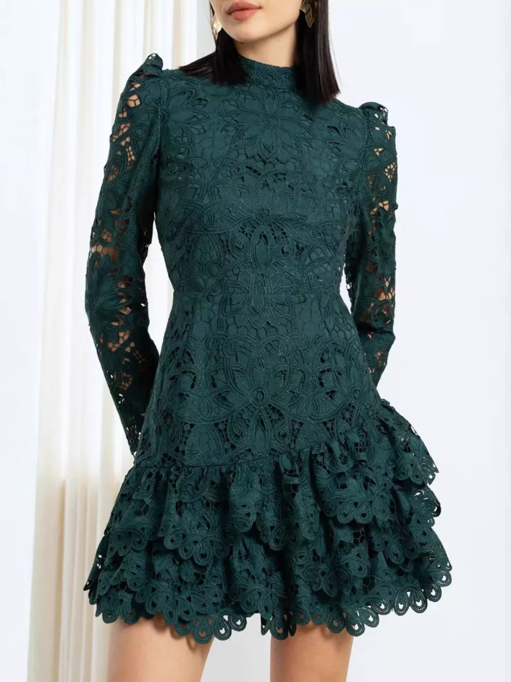 Lace Mock Neck Long Sleeve Mini Dress, image 3