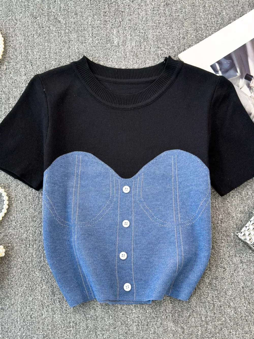 Color Block Short Sleeve Knit T-Shirt