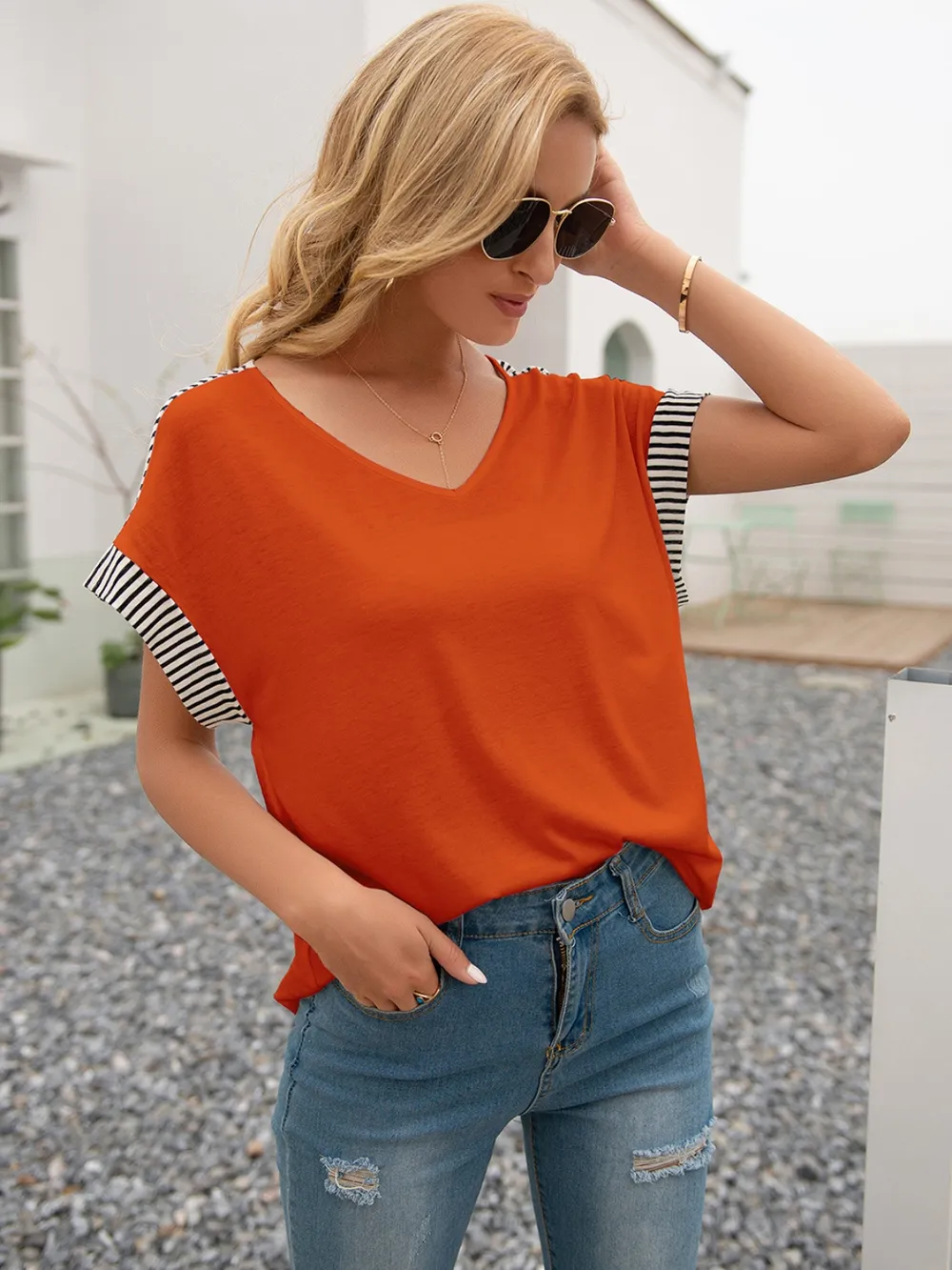 Striped V-Neck Short Sleeve T-Shirt, image 15