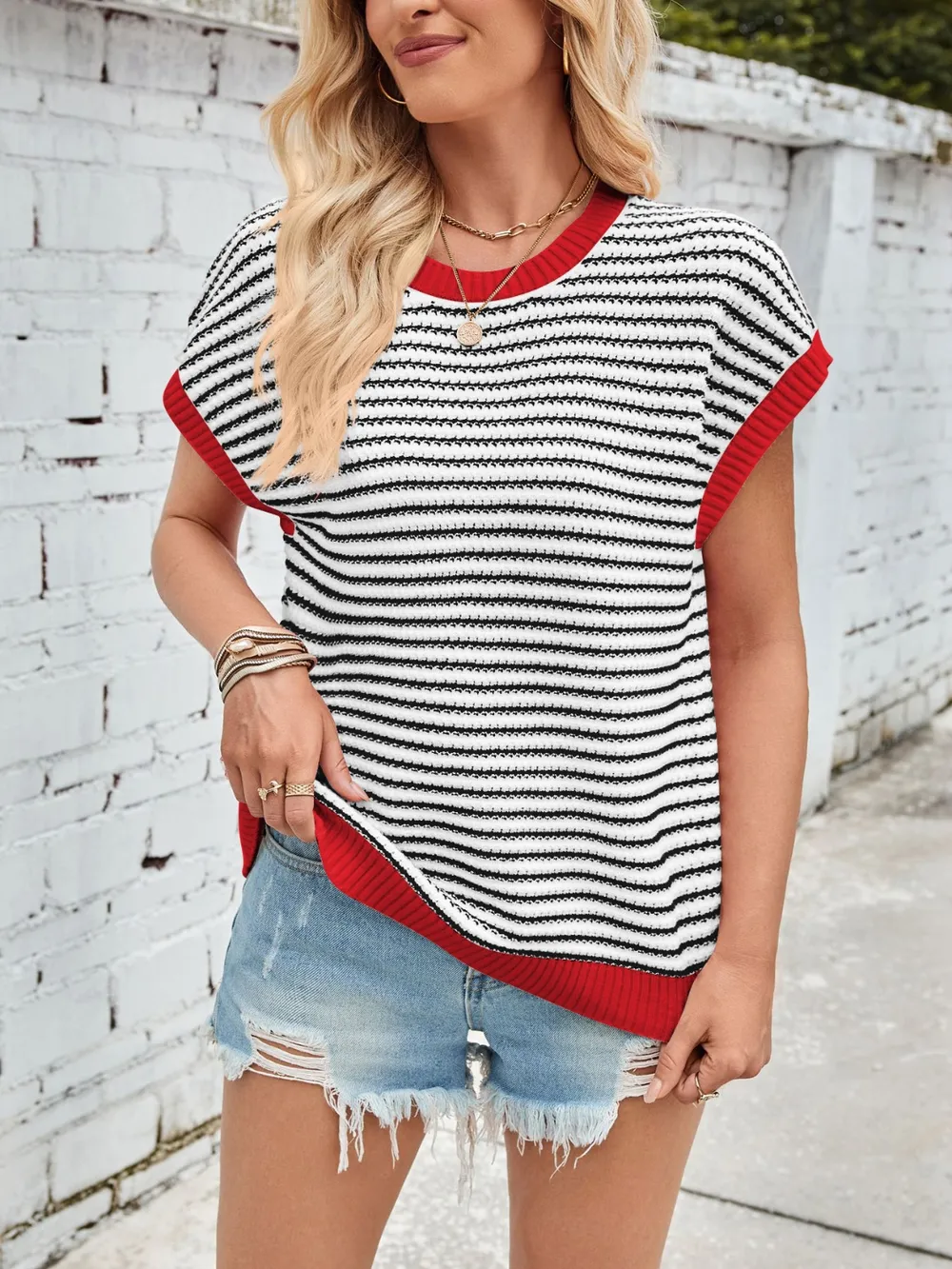 Striped Round Neck Cap Sleeve Sweater, image 16