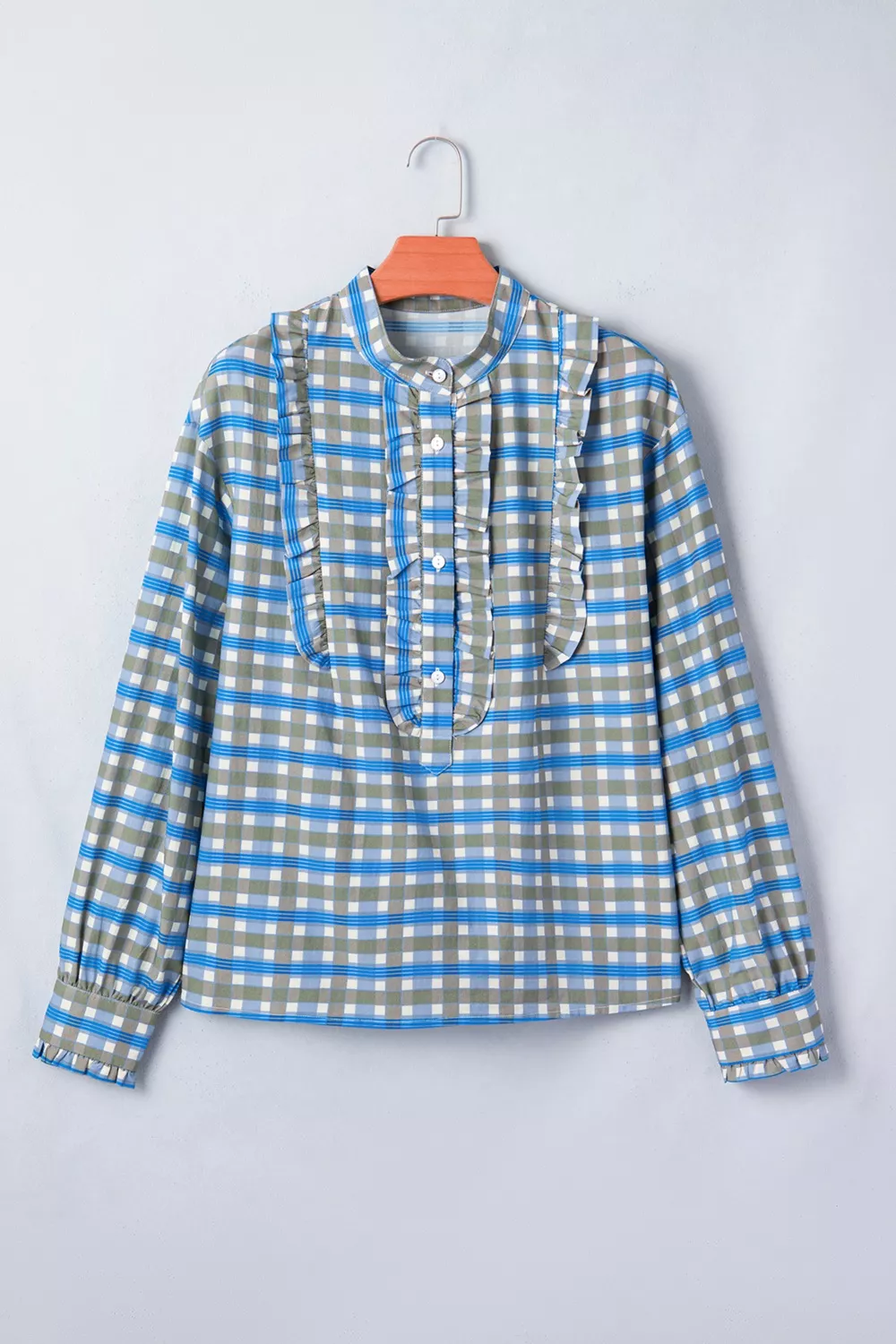 Plaid Long Sleeve Frilled Detail Half Button Blouse, image 4