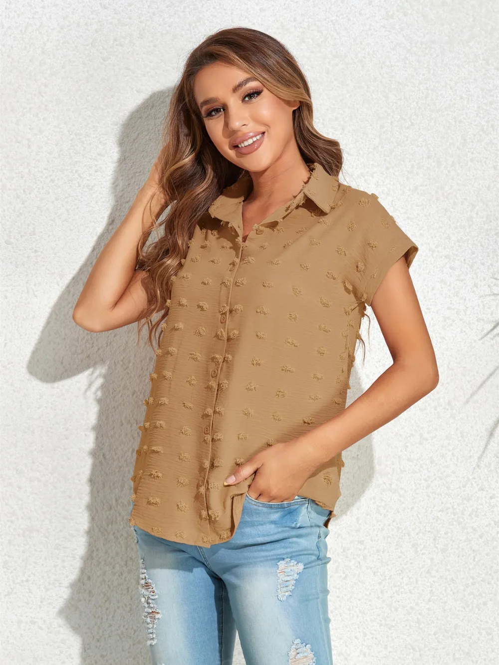Swiss Dot Button Up Cap Sleeve Shirt, image 10