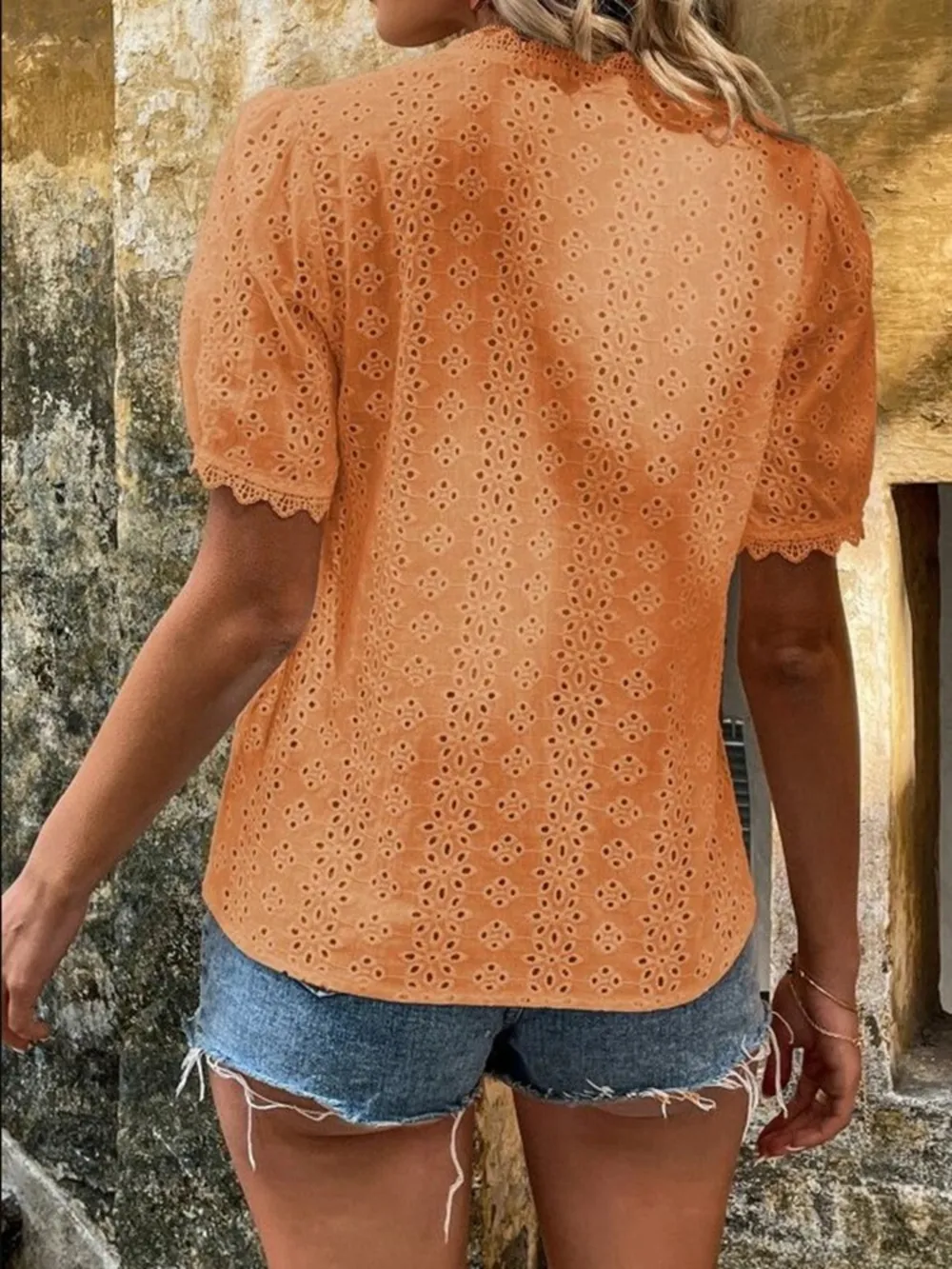 Full Size Lace Detail Eyelet V-Neck Short Sleeve Blouse Plus Size, image 5
