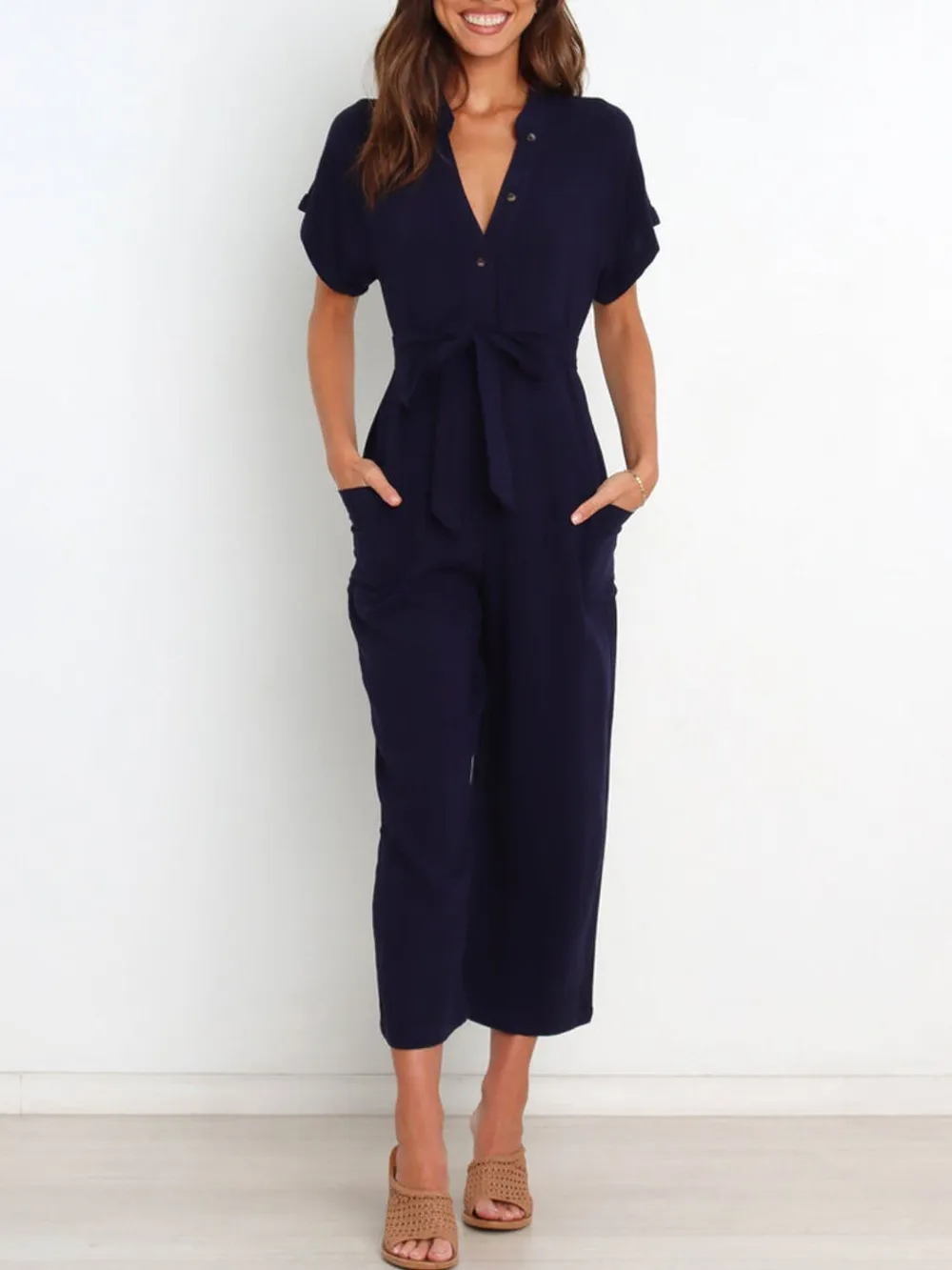 Notched Short Sleeve Tie Waist Jumpsuit, image 5