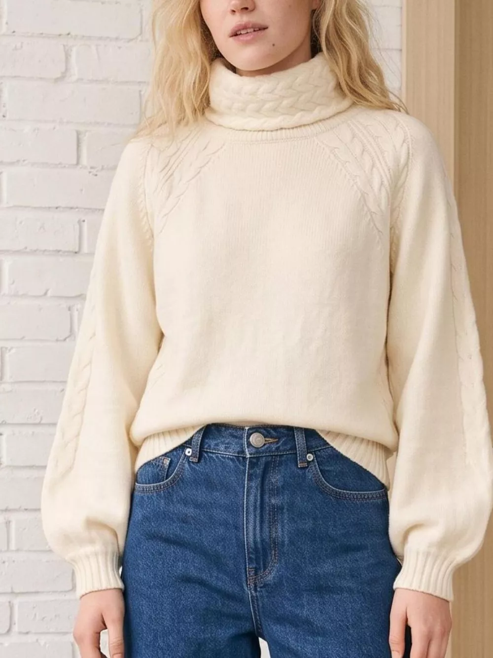 Cable-Knit Turtleneck Long Sleeve Sweater, image 5