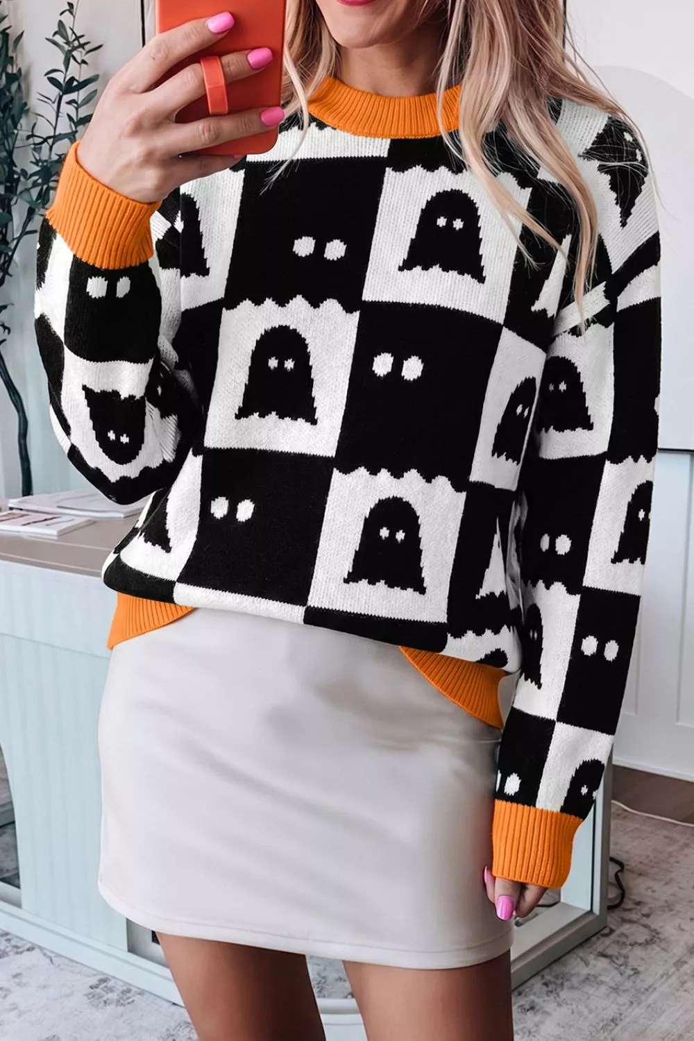 Halloween Ghost Pattern Checkerboard Sweater, image 7