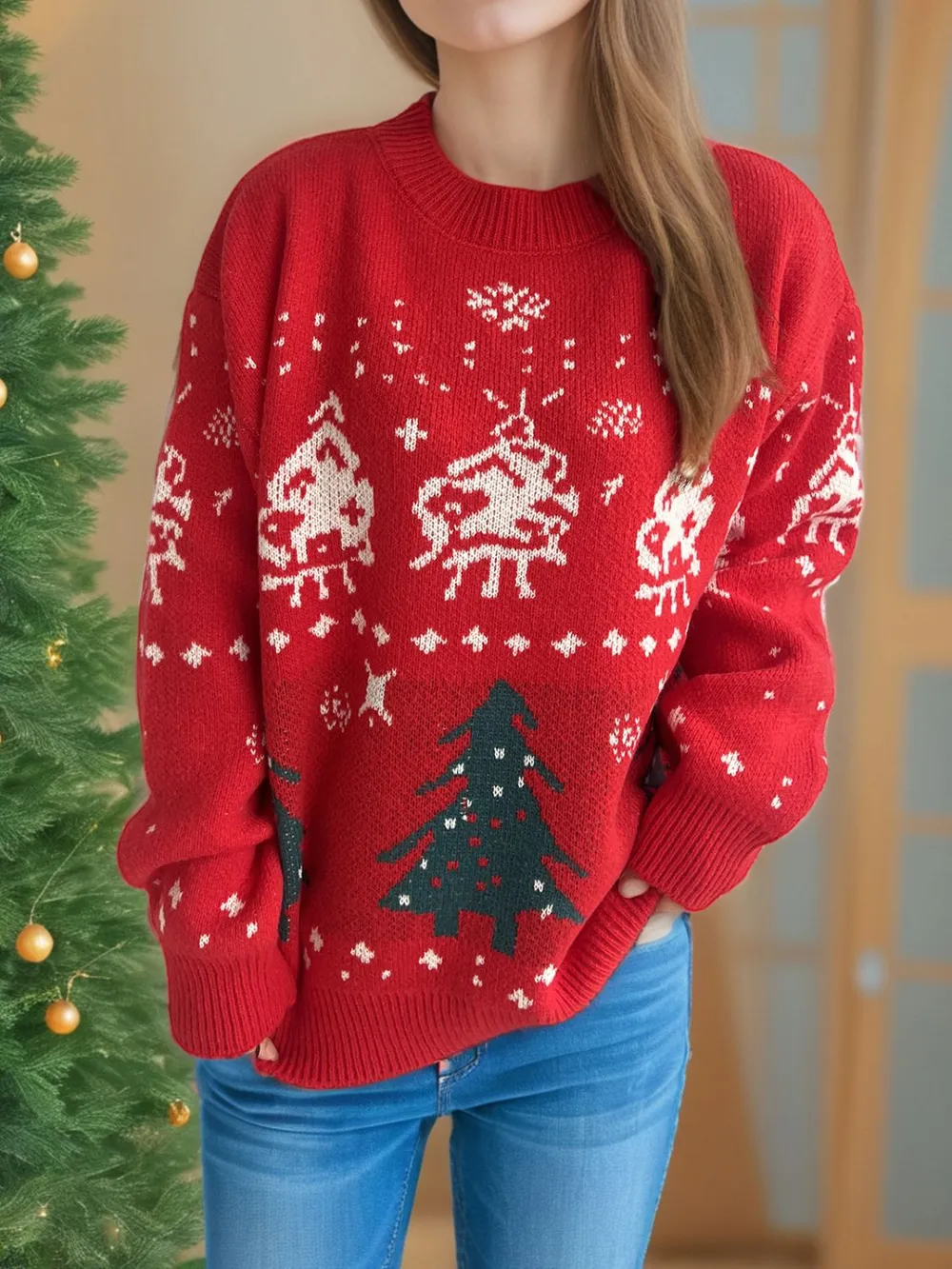 Christmas Element Round Neck Long Sleeve Sweater, image 5