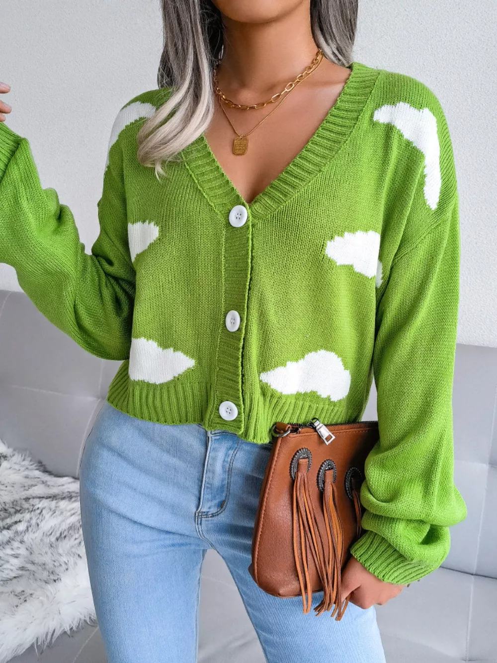 Cloud Pattern Button-Up Cropped Cardigan, image 6