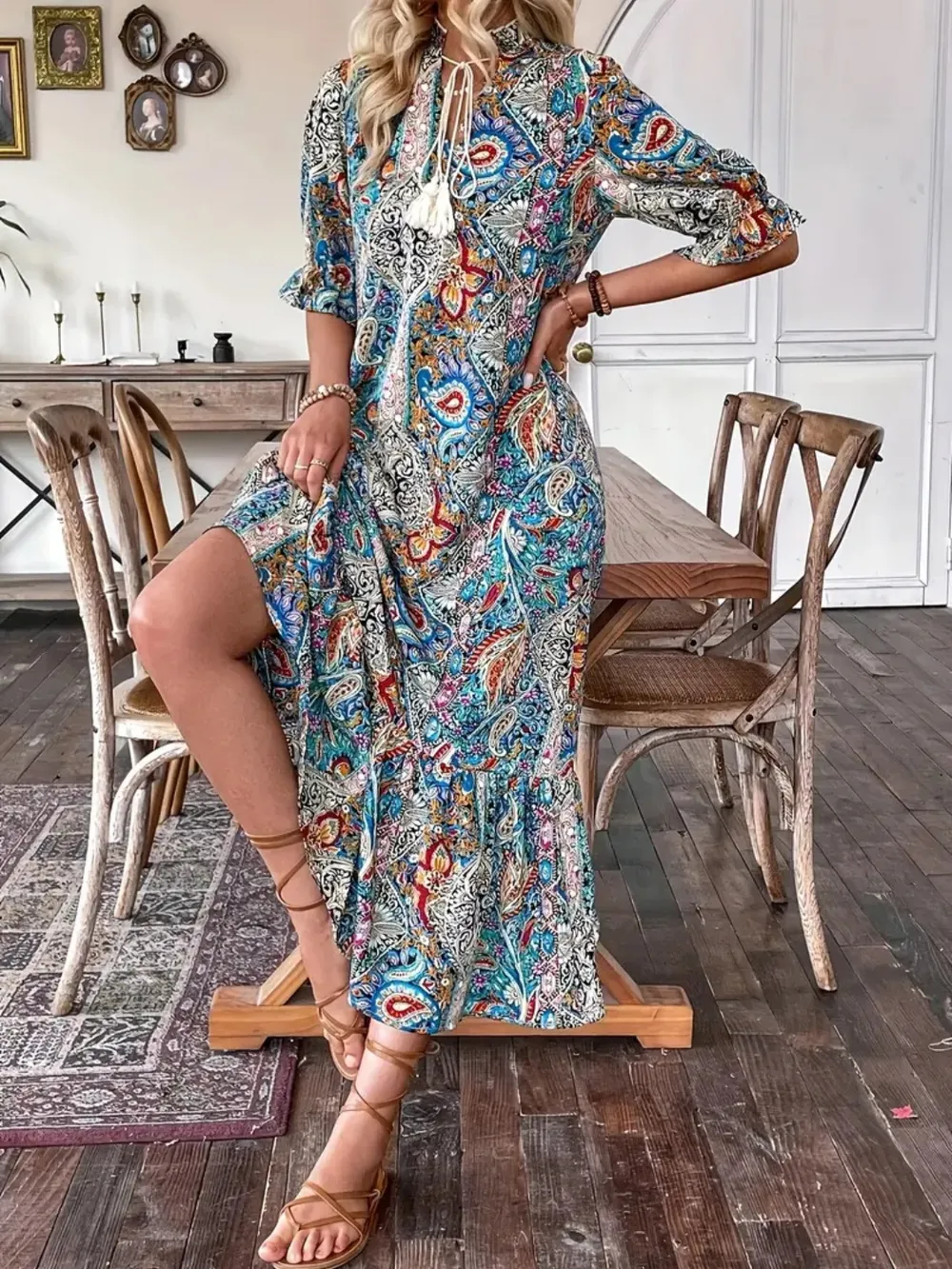 Printed Tie Neck Flounce Sleeve Midi Dress, image 3