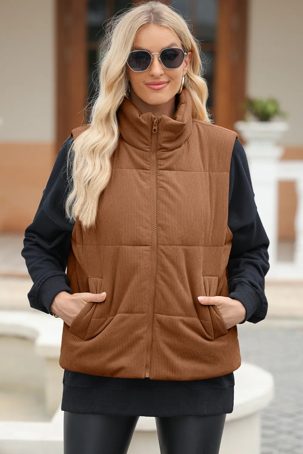 Pocketed Zip Up Turtleneck Vest Coat, image 5