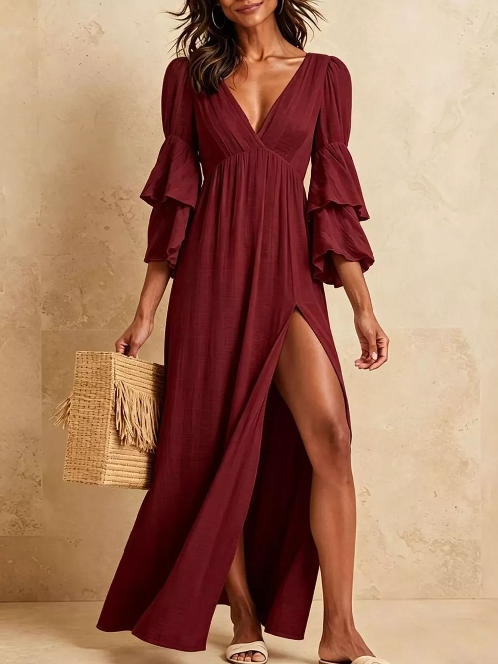 Tiered Ruffle Sleeves High Slit V-Neck Maxi Dress, image 13