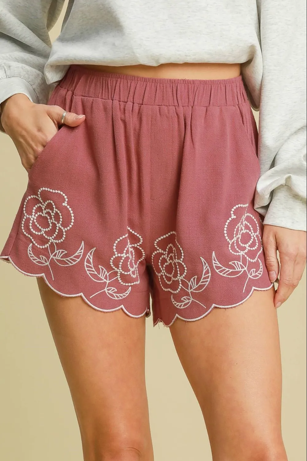 Full Size Linen Blend Shorts with Floral Embroidered Details Plus Size