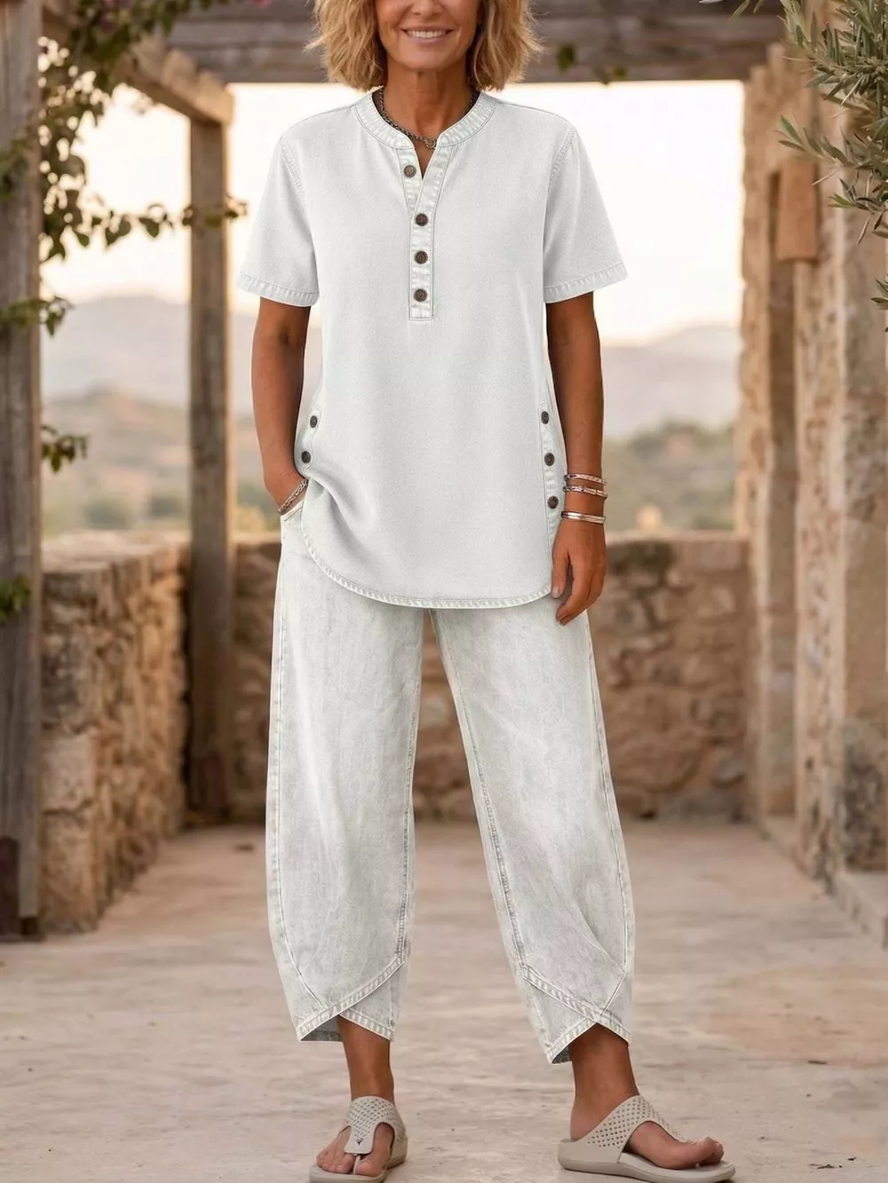 Full Size Casual Half-Button Top and Cropped Pants Denim Set Plus Size, image 3
