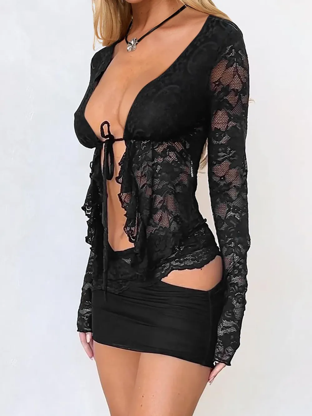 Tied Front Ruffled Long Sleeve Lace Shirt, image 10