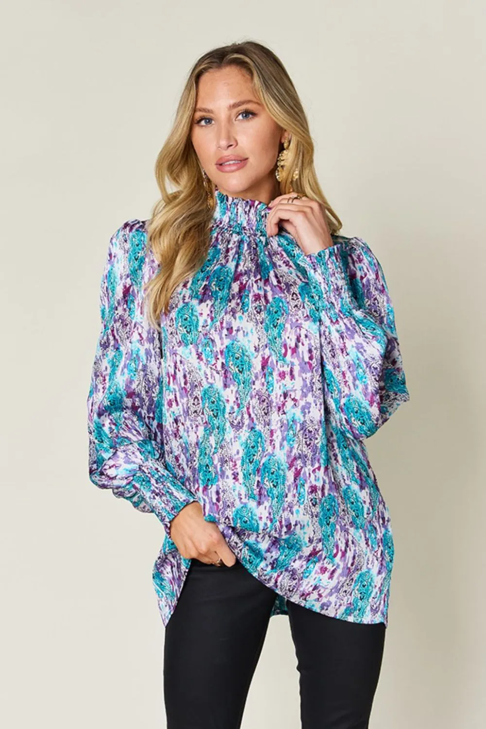 Full Size Printed Smocked Long Sleeve Blouse, image 2