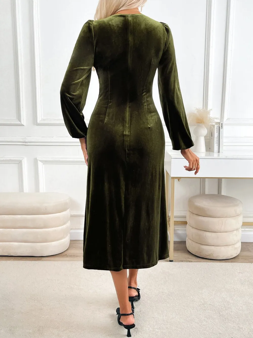 Slit V-Neck Long Sleeve Midi Dress, image 2