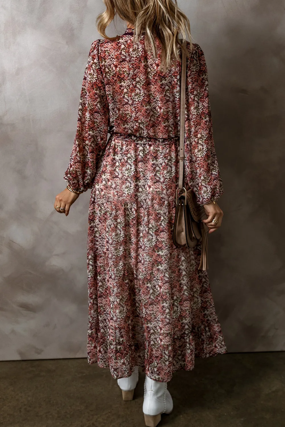 Frill Printed V-Neck Long Sleeve Midi Dress, image 2