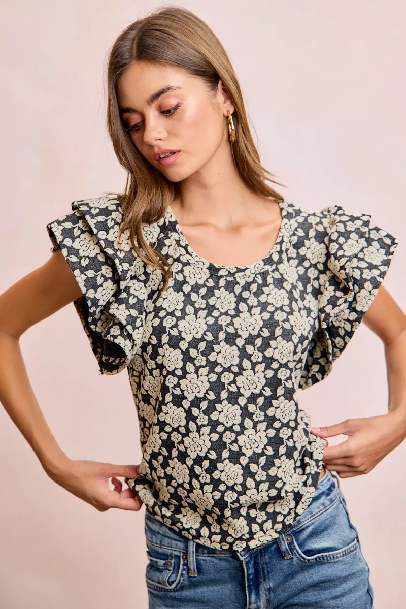 BiBi Floral Jacquard Ruffle Sleeves Knit Top, image 12