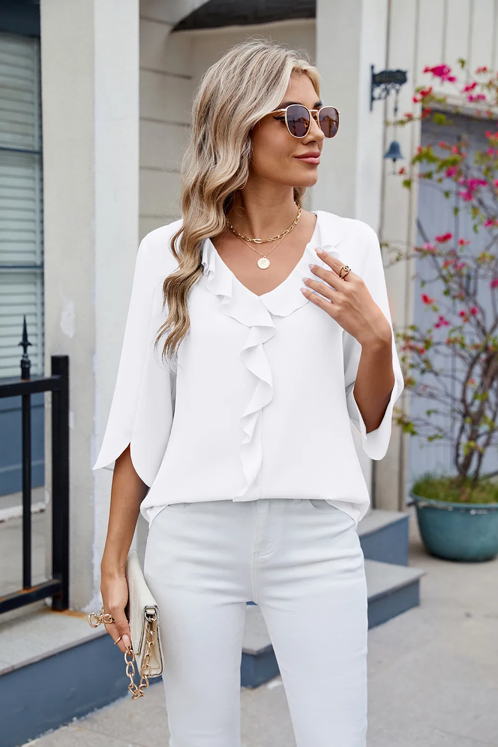 Ruffled V-Neck Three-Quarter Sleeve Blouse, image 20