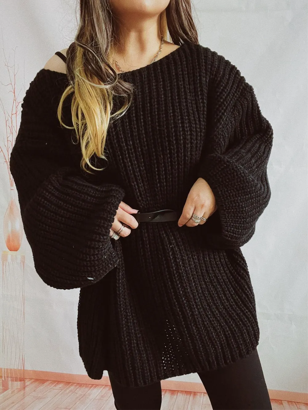 Boat Neck Long Sleeve Sweater with Belt, image 16