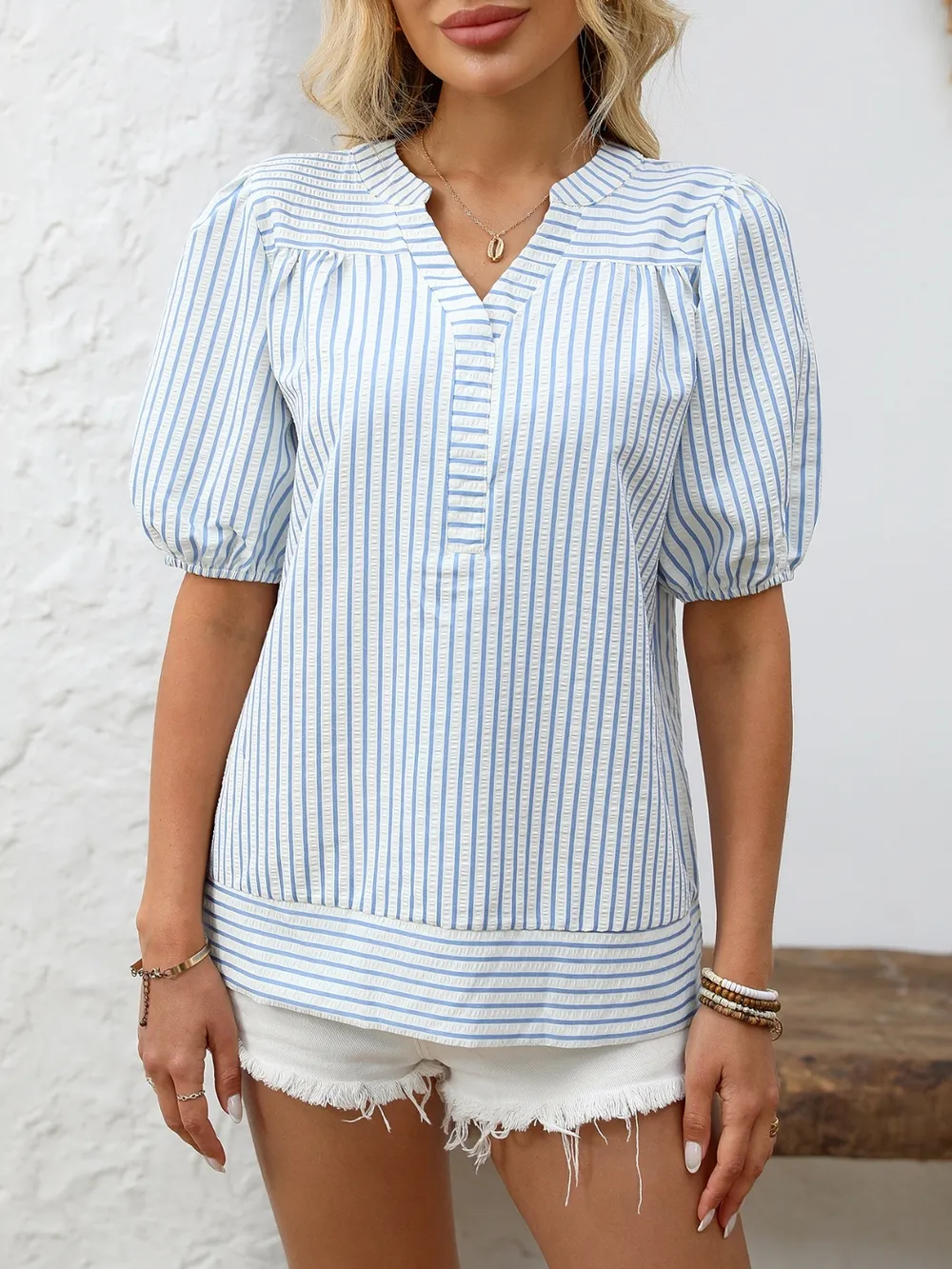 Striped Notched Puff Sleeve Blouse, image 4