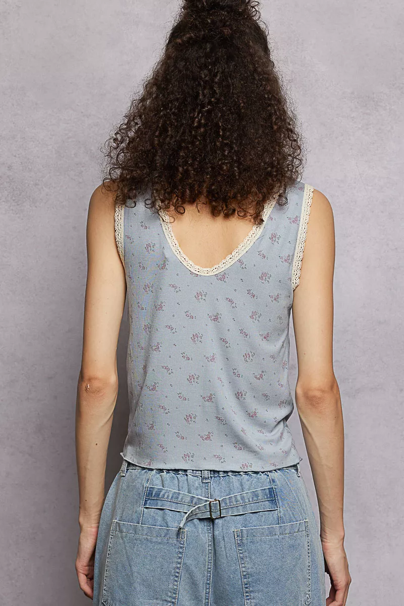 Ruched Floral V-Neck Tank with Lace Detail, image 4