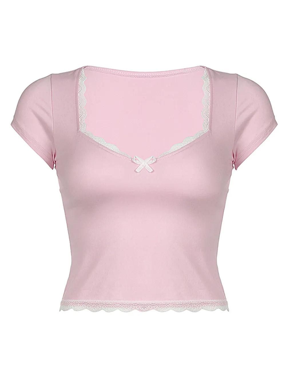 Lace Detail Sweetheart Neck Short Sleeve T-Shirt, image 7