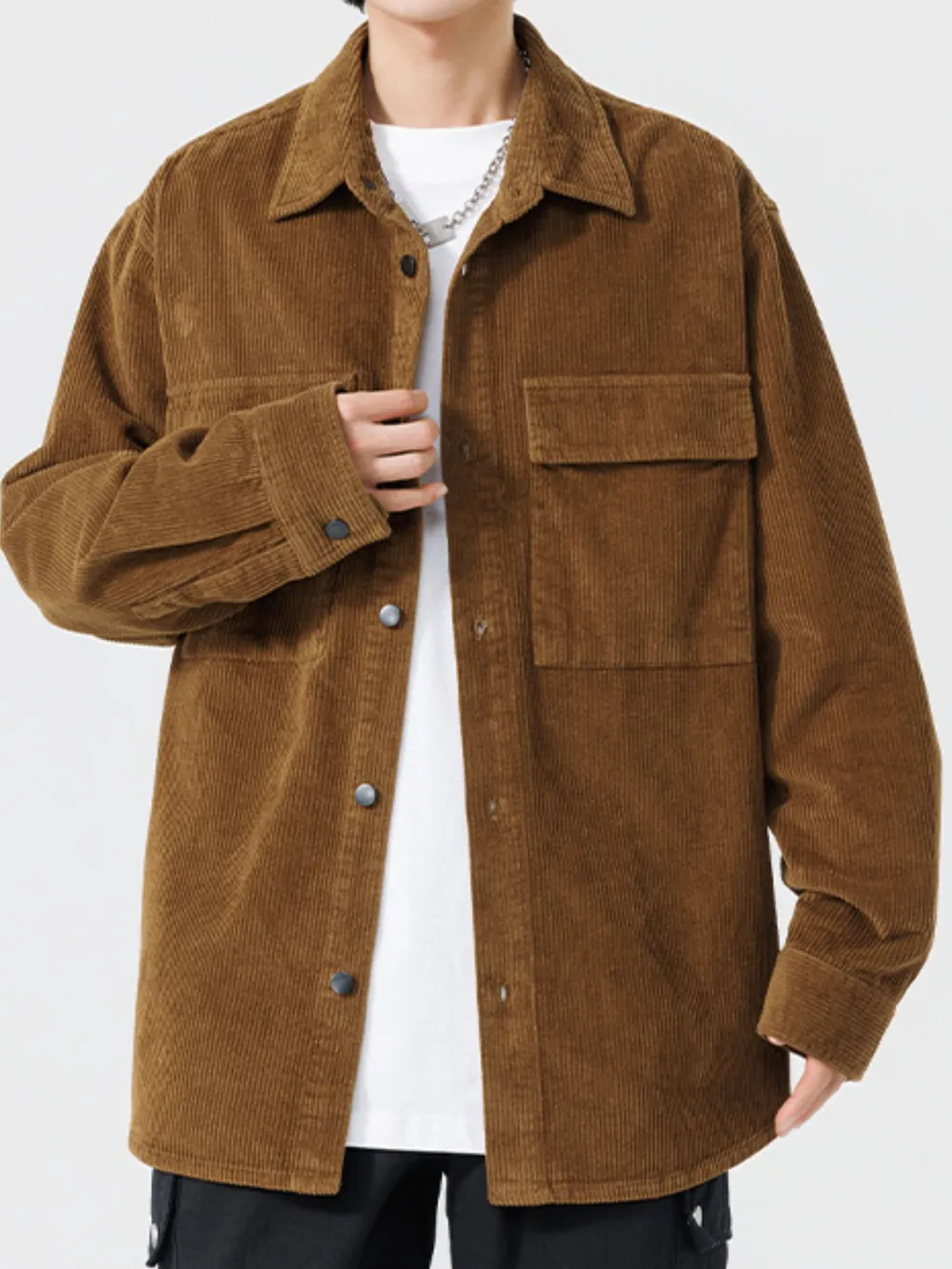 Men's Plus Size Oversized Button Up Corduroy Shirt, image 3