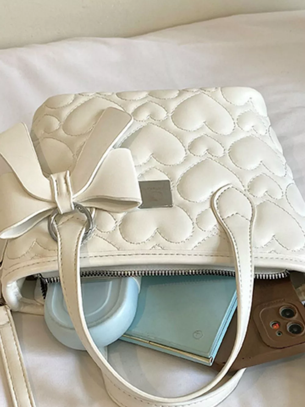 Chic Quilted Heart Crossbody Bag with Bow Accent, image 8
