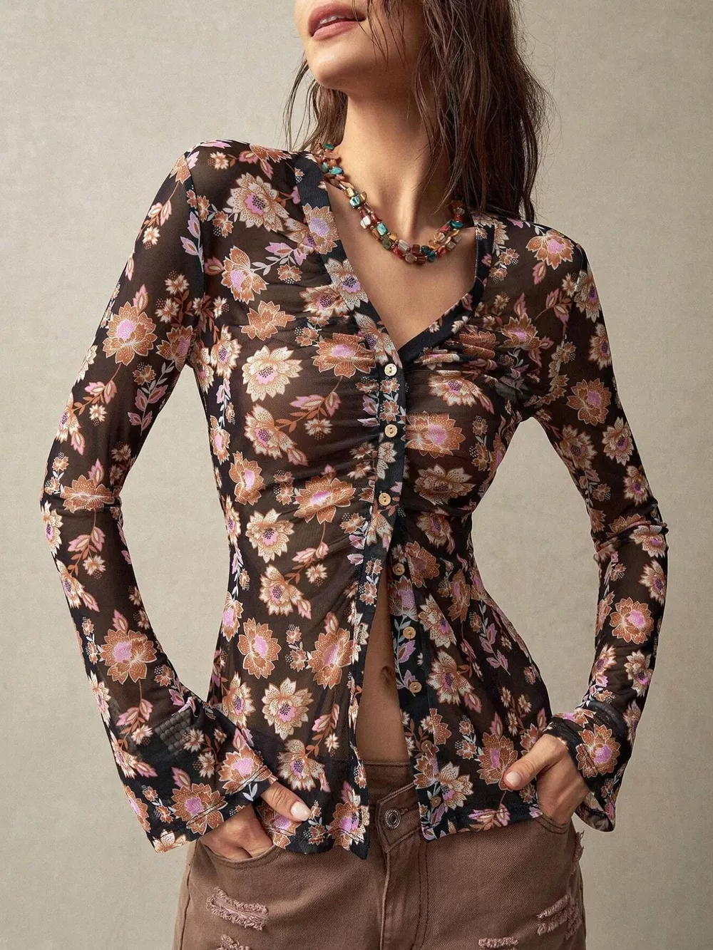 Printed Flare Sleeve Button Down Top, image 7