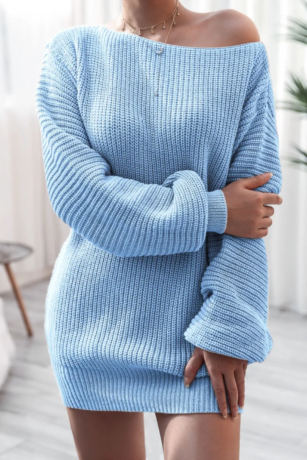 Boat Neck Long Sleeve Mini Sweater Dress, image 16