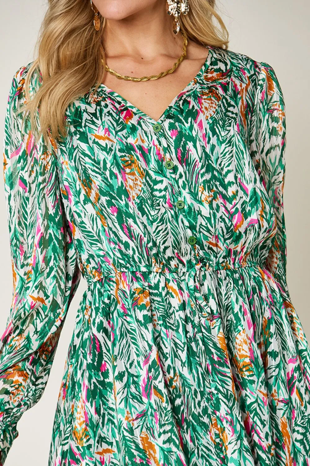 Full Size Printed Drawstring Waist Long Sleeve Dress, image 7