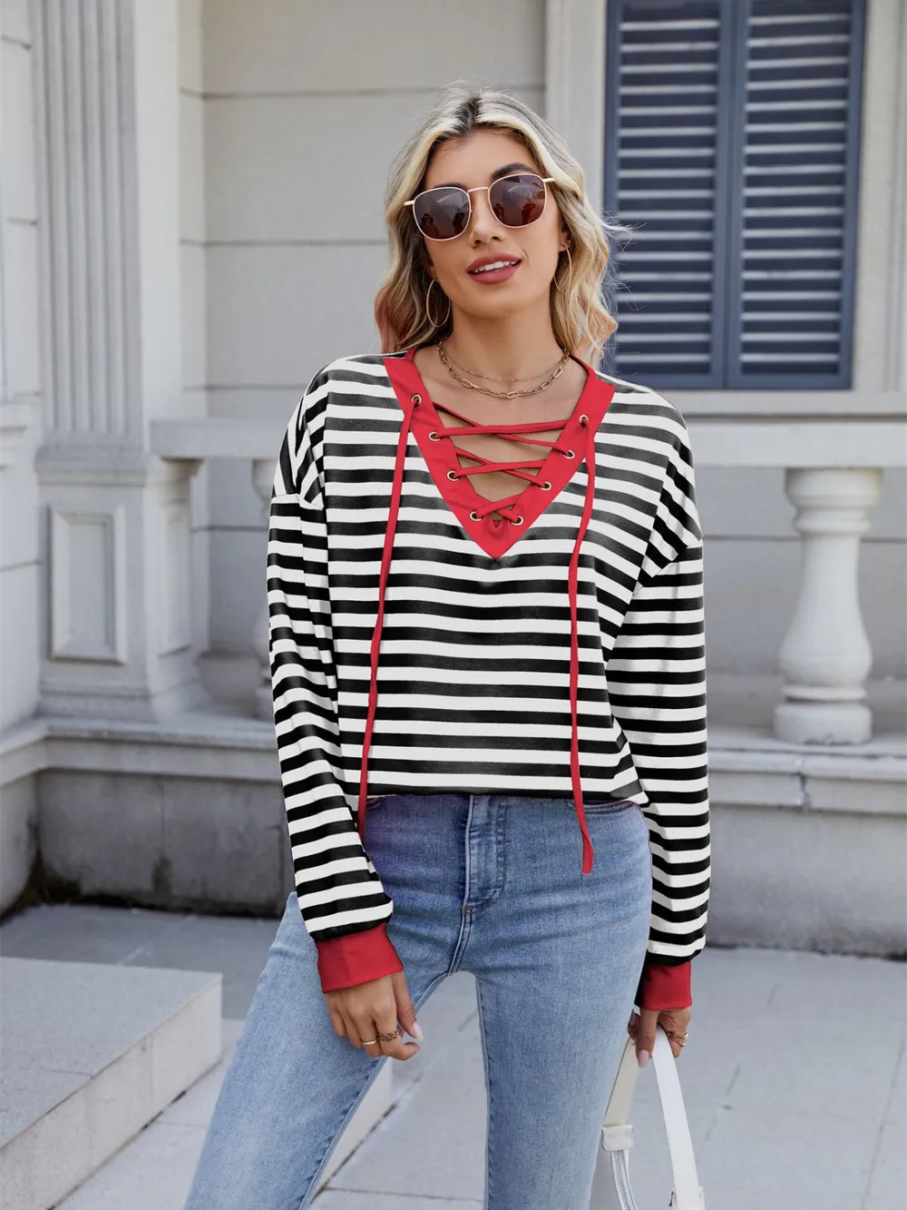 Lace-Up Striped Long Sleeve T-Shirt, image 27