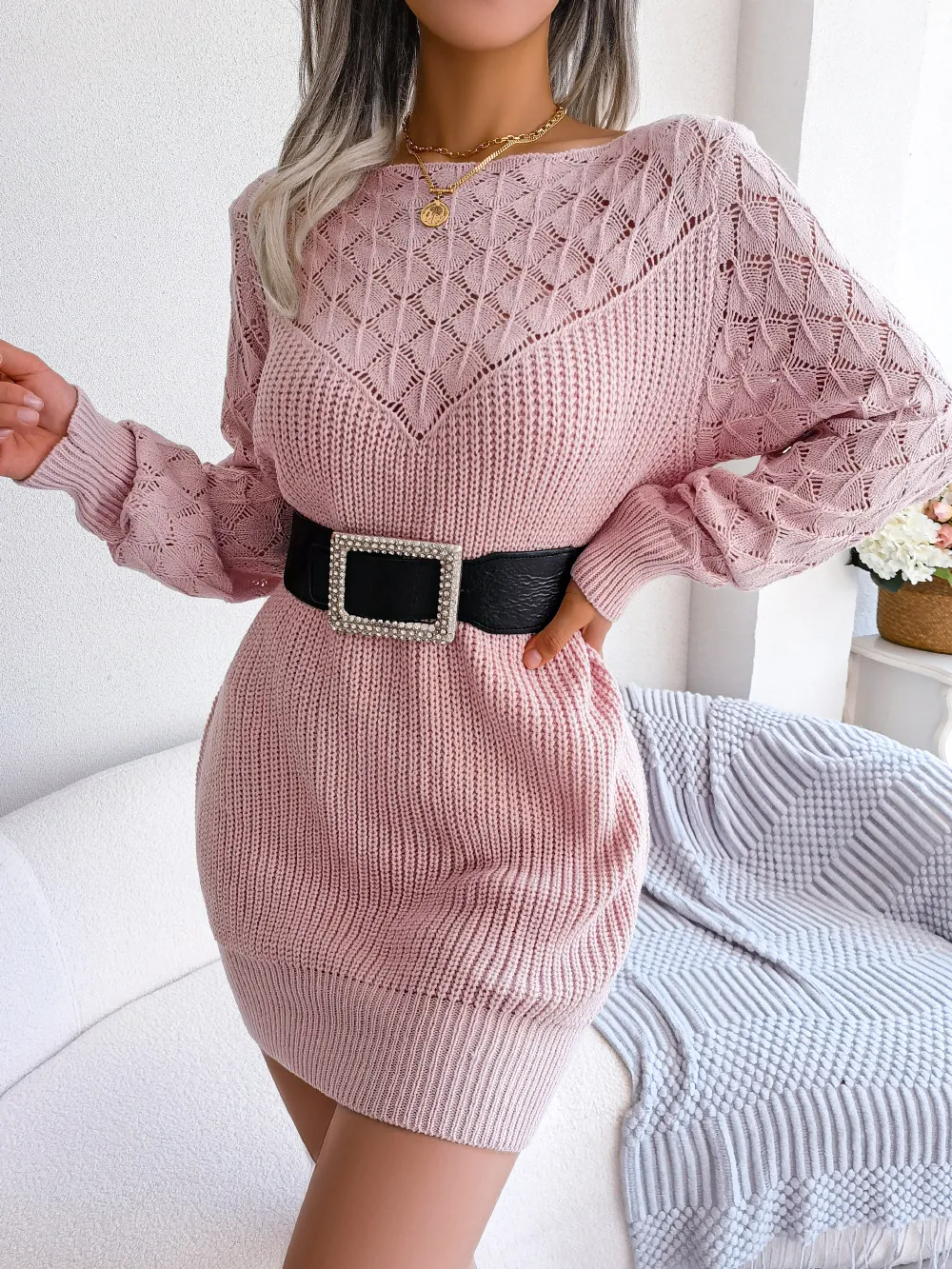 Openwork Boat Neck Sweater Dress, image 2