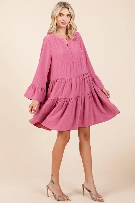 Tiered Notched Flare Sleeve Dress, image 2