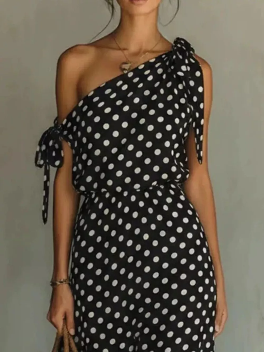 Full Size Polka Dot One-Shoulder Maxi Dress with Tie Details Plus Size, image 2