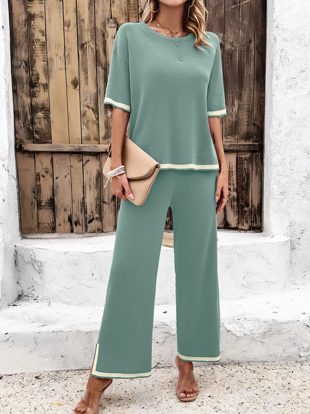 Contrast Trim Round Neck Top and Pants Set, image 9