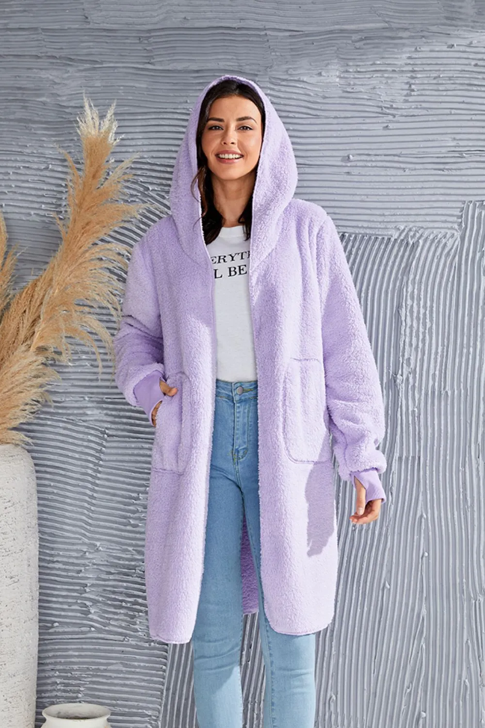 Full Size Hooded Teddy Bear Jacket with Thumbholes, image 27