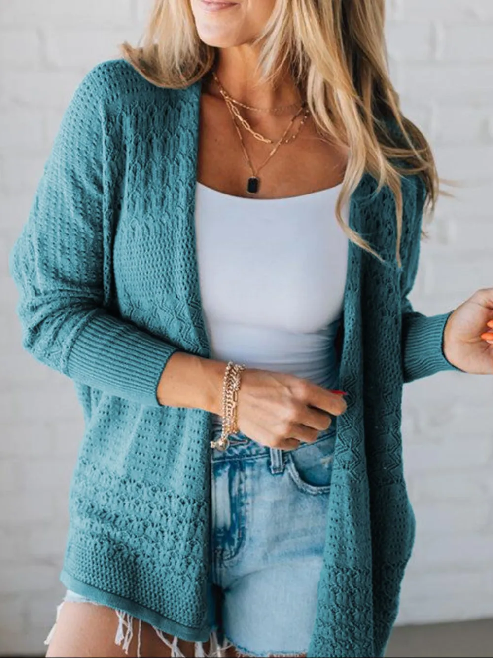 Open Front Knitted Cardigan with Eyelet Details, image 2