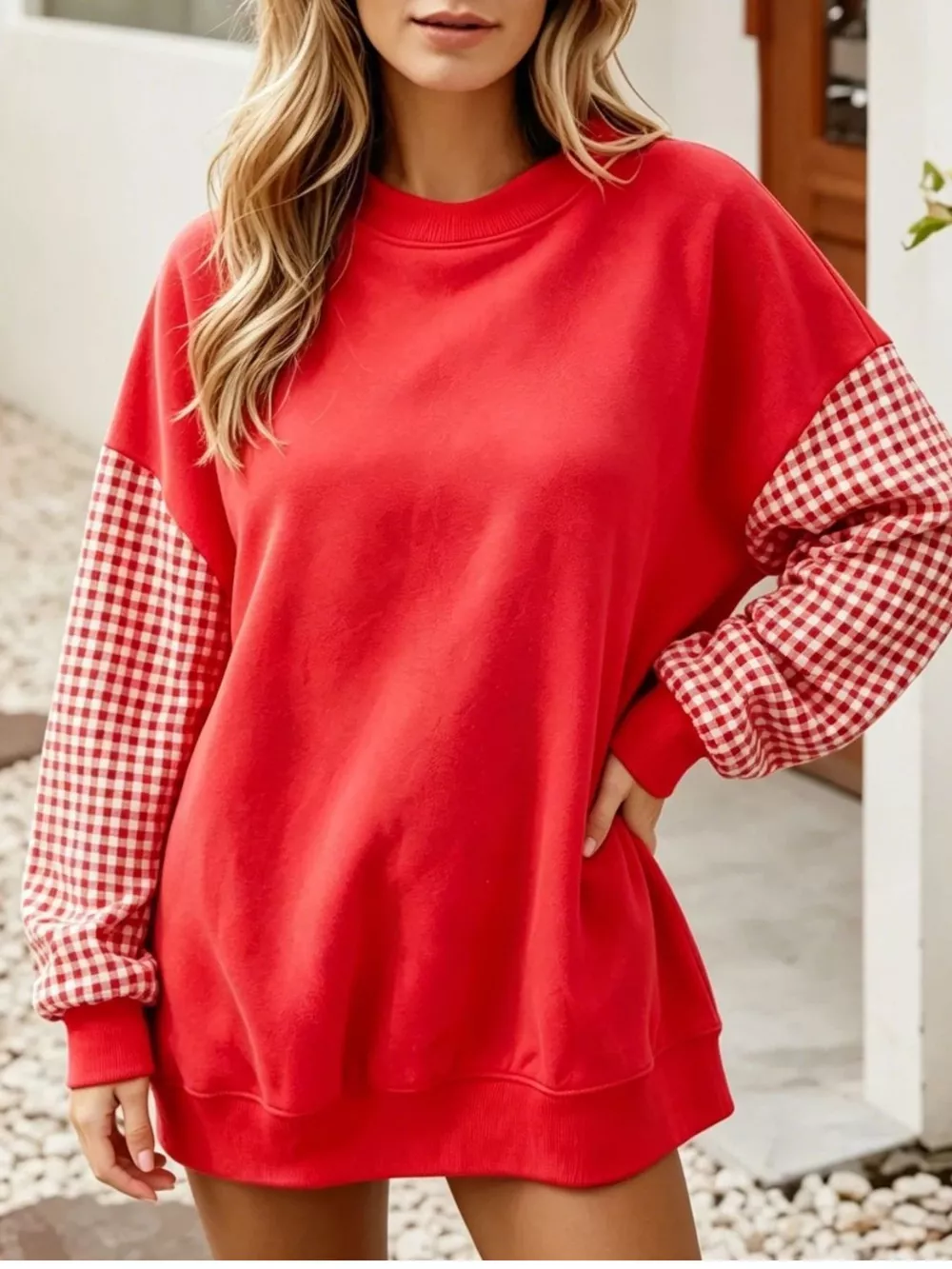 Christmas-Themed Contrast Gingham Long Sleeve Sweatshirt, image 2