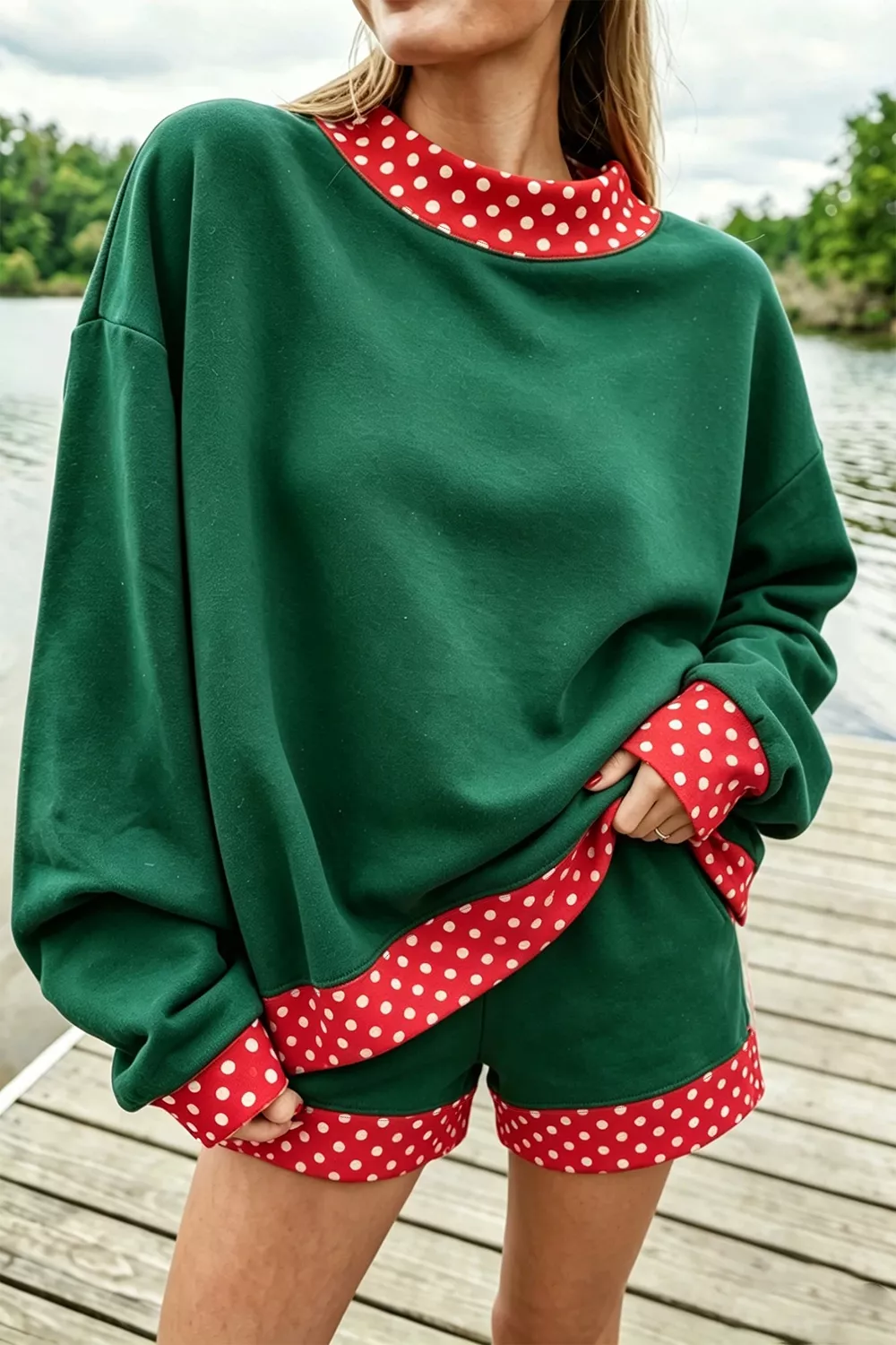 Polka Dot Trim Sweatshirt and Shorts Set, image 5