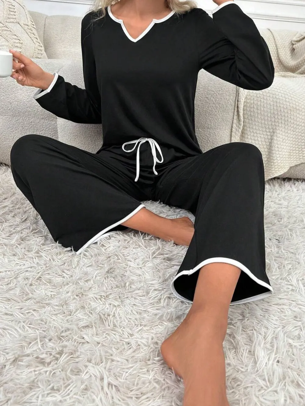 Contrast Trim Notched Long Sleeve Top and Pants Lounge Set, image 2